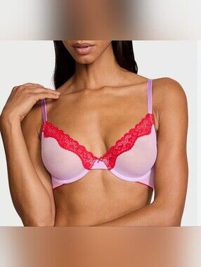 Victoria's Secret Tease Bra 32DD Worn Once Sheer Unlined Underwire Pink Red Lace